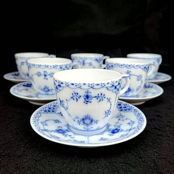 ☆美品☆ロイヤルコペンハーゲン ROYAL COPENHAGEN ブルーフルーテッド ハーフレース カップ&ソーサー 6客 コーヒーカップ デンマーク製