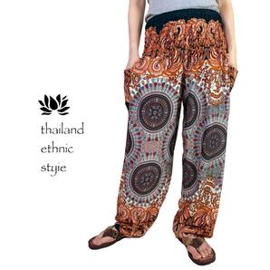 【新品】アラジンパンツ タイパンツ ヨガ タイマッサージ 男女兼用 レーヨン パジャマ【シャーリング】S柄ブラウン Y675