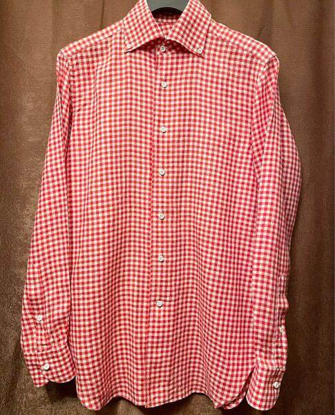 MADE IN ITALY製 ORIAN Slim Fit ギンガムチェック柄 長袖ボタンダウンリネンシャツ レッド Mサイズ オリアン イタリア製 長袖シャツ 赤
