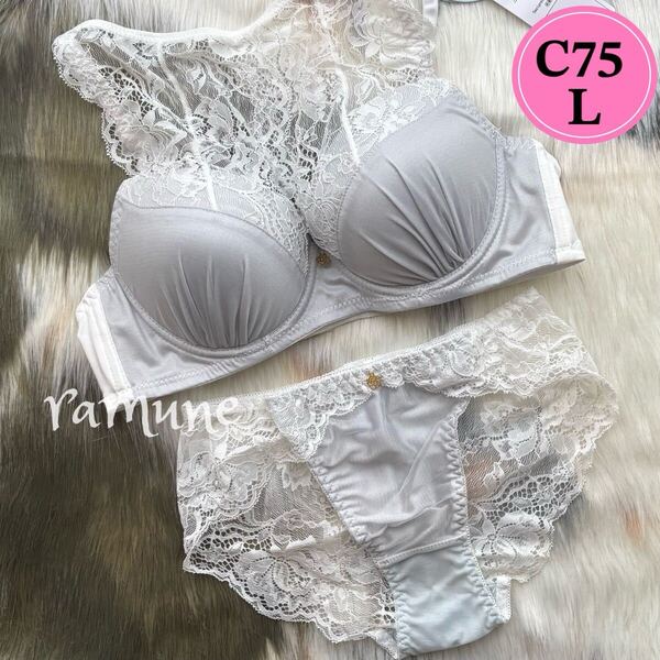 【C75/L オフホワイト 上下】新品 ブラジャーショーツ モールドカップ内蔵 総レース 透けパンティ かわいいブラ セクシー Cカップ