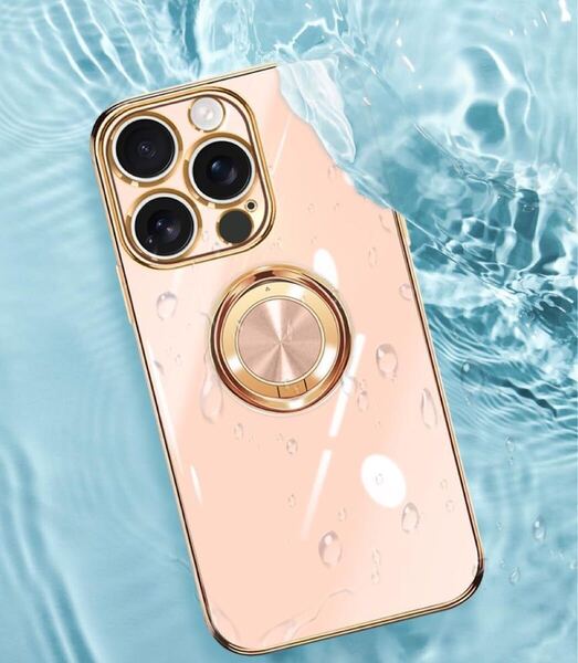 f490 iPhone 14 Pro Max ケース リング付き 全面保護 スマホケース スタンド機能 ストラップホール付き 擦り傷防止 メッキ加工(ピンク)