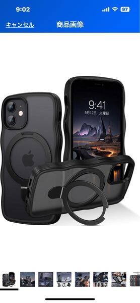 d516 iPhone12Mimi ケース ウェーブ MagSafe対応 半透明 縦横両対応 リング付き 耐衝撃 指紋防止 マット感 滑り止め(ブラック 黒)