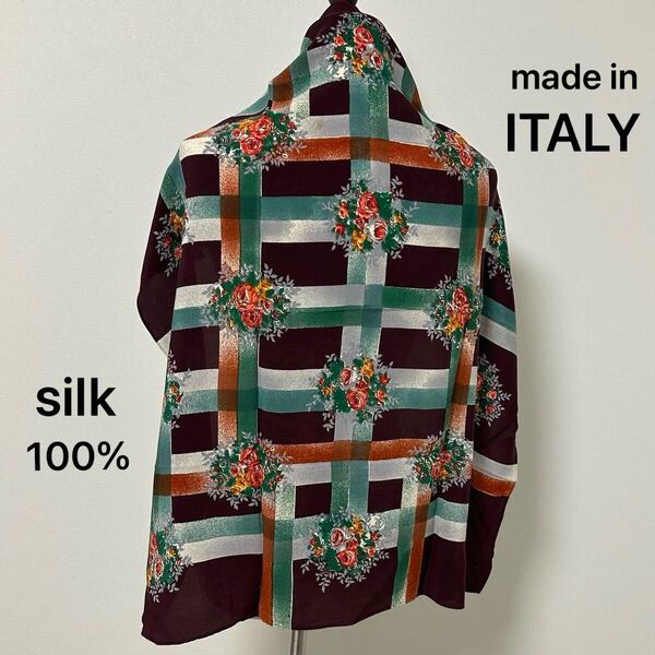 レトロスカーフ イタリア製 vintage シルクスカーフ 大判スカーフ アンティーク風 花束柄 花柄スカーフ ブラウンシルク100% 776FH