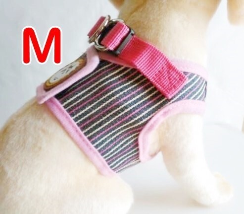 犬★ハーネス&リード【M】ピンク/ストライプ★犬服 胴輪 小型犬 中型犬 着せやすい ペット服【ピンク M】ベスト型 洋服型 cs