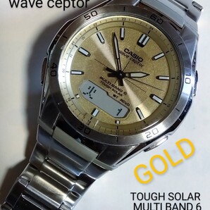 CASIO腕時計 wave ceptor WVA-M640 ソーラー電波 文字盤ゴールド 洗浄済 腕周り18cm 風防クリア良品