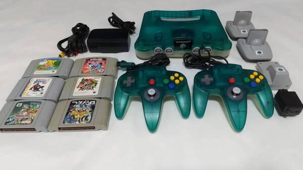 【送料込み】N64 ※音声出力不可 ジャンク クリアグリーン本体一式+ソフト6本 GBパック 振動パック RFモジュレータ 簡易消毒済み