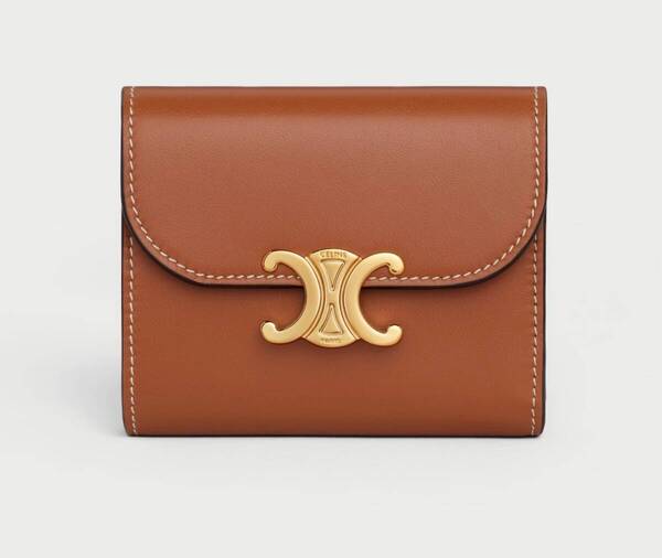 CELINE セリーヌ スモール フラップウォレット トリオンフ 金具 シャイニースムースラムスキン 二つ折り財布 キャメル