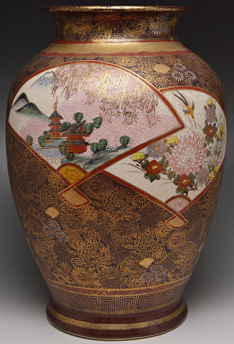 薩摩焼 連山 高さ38cm 金欄手 花鳥図 扇面 薩摩連山 壺 金彩 耳付き花瓶 Yahoo!オークション -「連山」(薩摩) (日本の陶磁)の落札相場