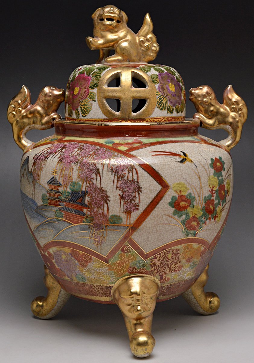 薩摩焼 色絵金彩 御所車花文 双耳瓶 花生 時代箱 M R3408 Yahoo!オークション -「薩摩焼」の落札相場・落札価格