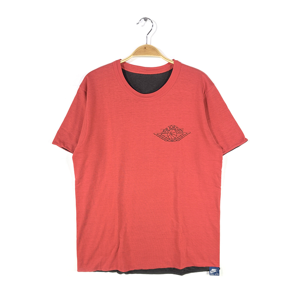 【送料無料】80s ナイキ マイケルジョーダン USA製 ヴィンテージTシャツ 紺タグ ウイングロゴ リバーシブルTシャツ 赤黒 NIKE L @BE0029