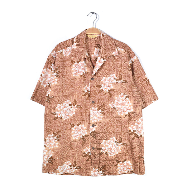 【送料無料】50s ALII LOLE ココナッツボタン ヴィンテージアロハシャツ 開襟 オープンカラーシャツ 花柄 ブラウン ハワイ製 L @CCD1194