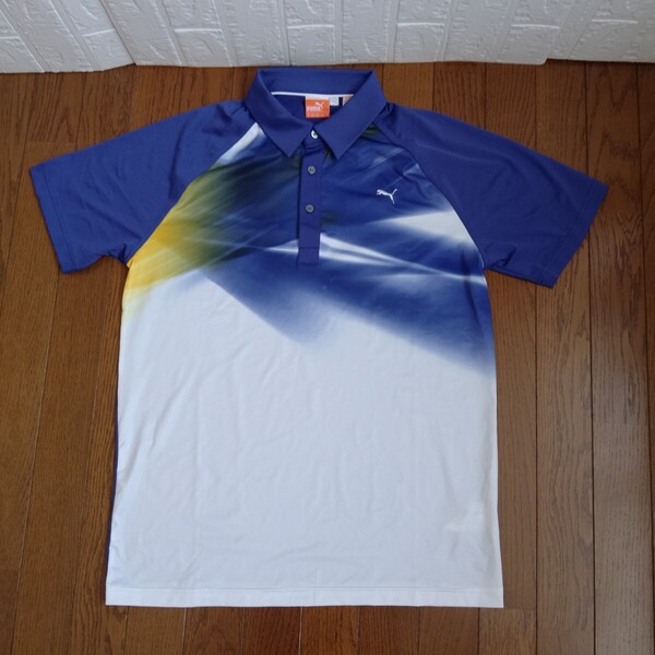 2085【中古】PUMA GOLF プーマゴルフ ゴルフウェア 半袖ポロシャツ メンズサイズ US M 白/紫/黄色グラデーション