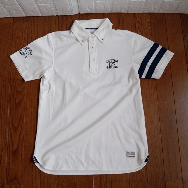 2094【中古】CUTTER&BUCK GOLF カッター&バックゴルフ ゴルフウェア 半袖ボタンダウンシャツ メンズサイズ M 白/紺