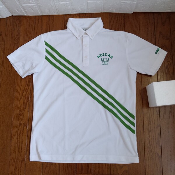 2096【中古】adidas golf アディダスゴルフ ゴルフウェア 半袖ボタンダウンシャツ メンズサイズ M 白/深緑