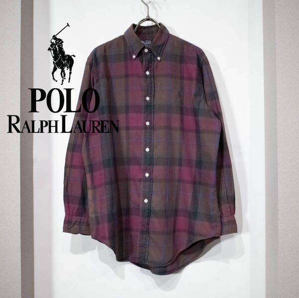 M / 90s Polo by RALPH LAUREN ラルフローレン 長袖 ライトネルシャツ コットン ブラウン パープル チェック柄 古着 ポニー刺繍 アメカジ