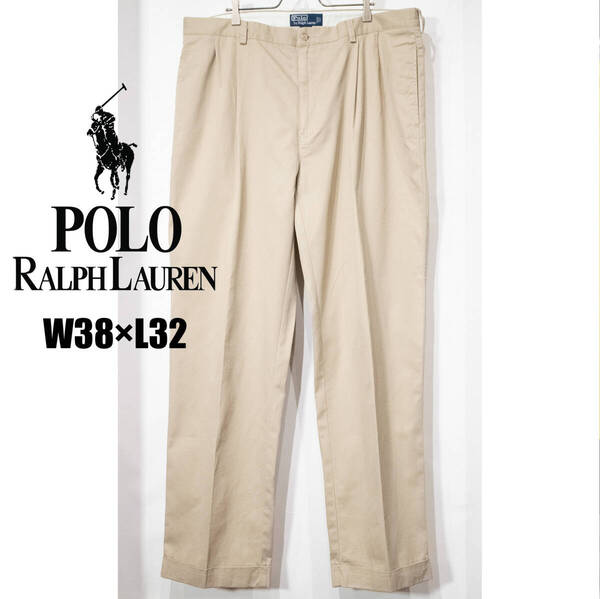 W38 L32 / 90s Polo by RALPH LAUREN ラルフローレン タック ライト コットン チノパンツ ベージュ ハイウエスト HAMMOND ハモンド 古着