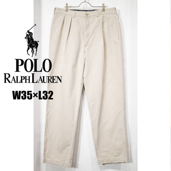 W35 L32 / 90s Polo by RALPH LAUREN ラルフローレン ポロチノ タック コットン ワイド パンツ ANDREW アンドリュー 古着 ベージュ