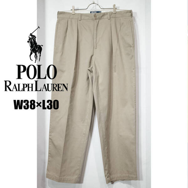 W38 L30 / 90s Polo by RALPH LAUREN ラルフローレン ポロチノ タック コットン ハイウエスト ワイド パンツ ANDREW 古着 カーキ