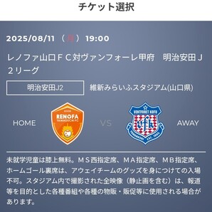 2枚 8/11(祝・月) レノファ山口FC vs ヴァンフォーレ甲府 QR チケット 招待 バック自由席 一般 Jリーグ J2リーグ J2 J3 jリーグ