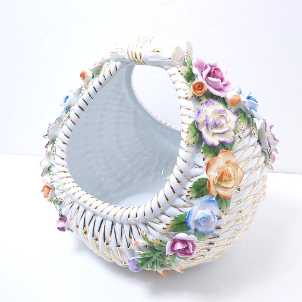 ロイヤルアーデン ROYAL ARDEN ホームコレクション 花籠 花かご フラワーバスケット 陶器製 花瓶 花柄 花入れ 金彩 バラ ローズ