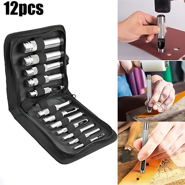 穴あけ ポンチ パンチ レザークラフト diy 革 ハンドメイド 加工 ハトメ ベルト 抜き 革工具 工具 道具 収納ケース 12 セット コンパクト