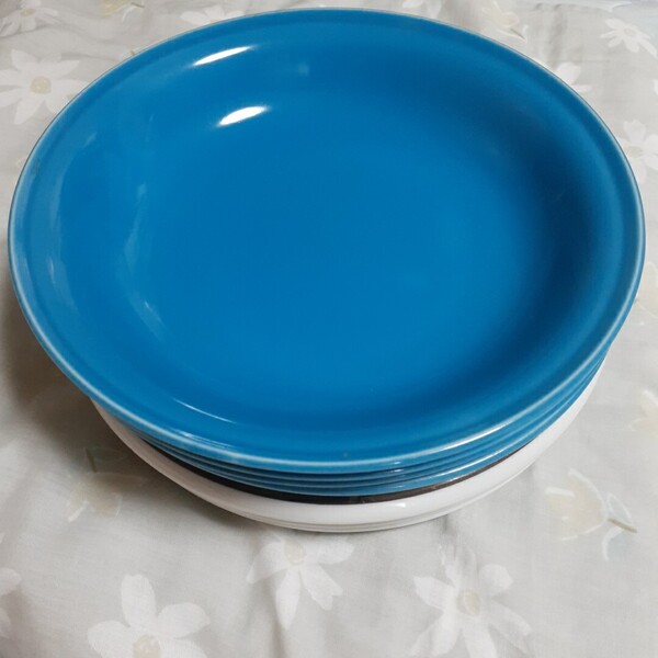 カレー皿 7枚セット 青4枚 茶色ライン3枚(1枚のみブライト) 昭和レトロ ユーズド 洋食器