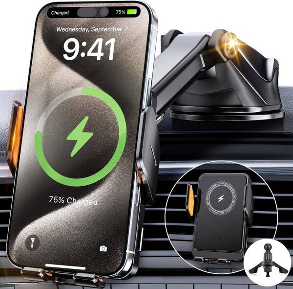 車載スマホホルダー ワイヤレス充電 15W Qi急速 車 スマホスタンド 充電 自動開閉 360度回転 粘着式&吹き出し口両用 22
