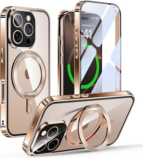 iPhone 16 Pro 用 ケース 両面保護 MagSafe対応 CDリング 360°回転スタンド 自動ポップアップロック付き 「デザートチタニウム」 0703