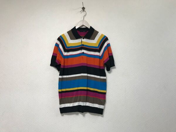 本物ノットKNOTTトゥモローランドコットンボーダー柄カラフル半袖ポロシャツメンズビジネススーツモードゴルフドレス黒ブラック1S