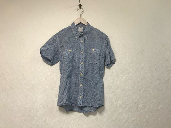 本物ビズビムvisvimリネン麻チェック柄半袖シャツメンズサーフアメカジミリタリーストリートビジネススーツモードゴルフ青ブルー白S日本製