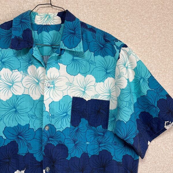 【ビッグシルエット】 70s 80s USAヴィンテージ Hawaii アロハシャツ オープンカラーシャツ ハワイアン 総柄 半袖BOX 青白 花柄 メンズLL