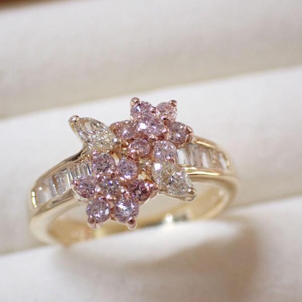 K18YG0.8ct ピンクダイヤ&イエローダイヤフラワーリング 11.5号