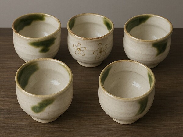 ◆ 瀬戸 織部 赤津焼 塩草窯 湯呑み・ぐい呑 5客 〈未使用保管品〉