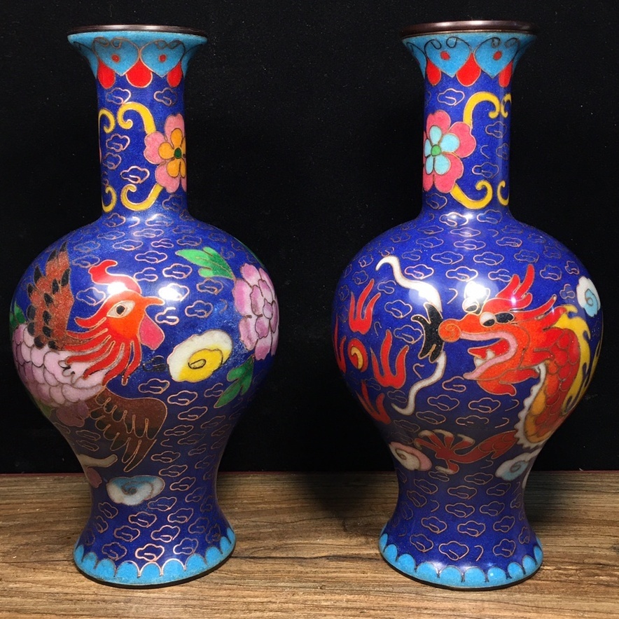 七宝焼　景泰藍　花瓶　2客　時代物　古美術　美術品　骨董品　古物　アンティーク レトロ 中国美術 景泰藍 七宝焼き 花瓶 壺 骨董品 約30cm - メルカリ