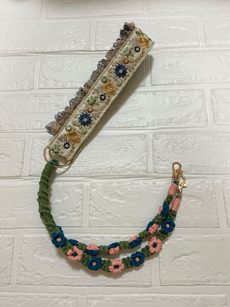 new インド刺繍リボン マクラメ ショルダーストラップ スマホストラップ ハンドメイド 大人可愛い グリーン系 1点もの