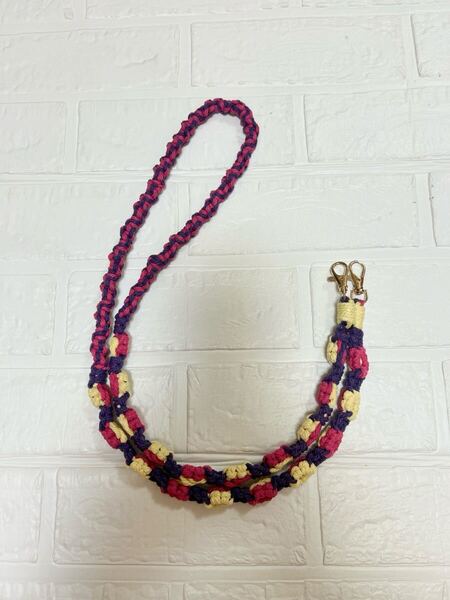 マクラメ お花ショルダーストラップ マクラメ編み ショルダーストラップ 大人可愛い ハンドメイド パープル ピンク