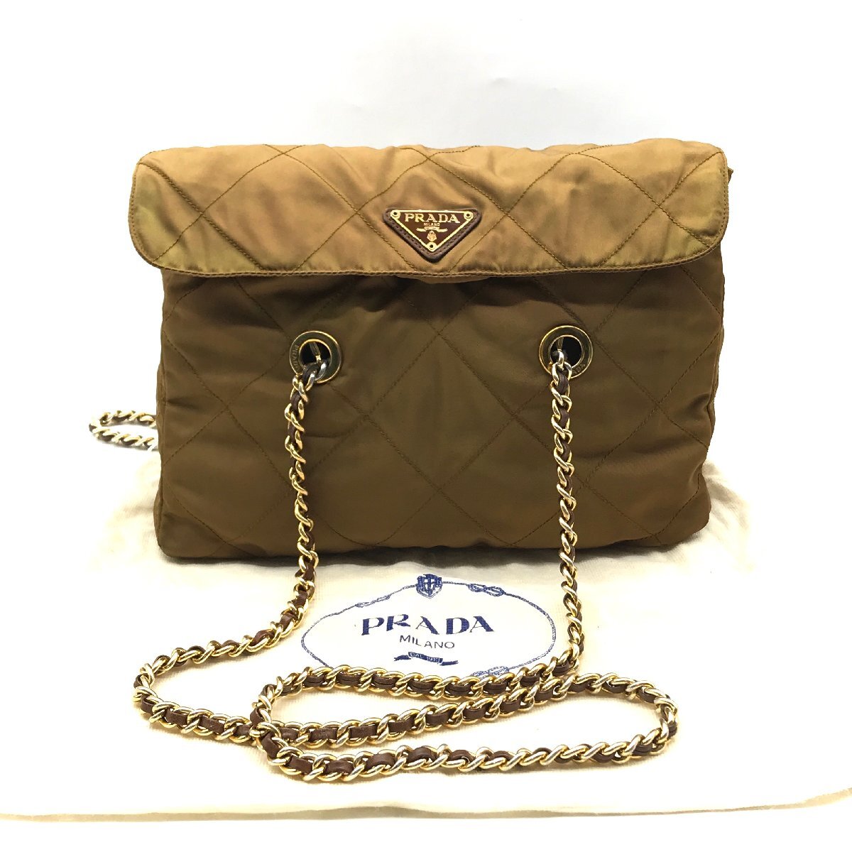 プラダ レザー ナイロン チェーン ショルダー トートバッグ 肩掛け ベージュ Yahoo!オークション -「prada プラダ ナイロン チェーン