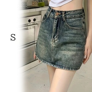★レディース スリムフィット ハイウエスト ショート デニムスカート Sサイズ