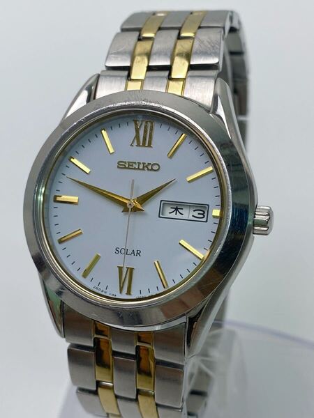 C195 SEIKO セイコー ソーラー メンズ 腕時計 稼働 デイデイト V158-0BA0 純正ベルト コンビカラー