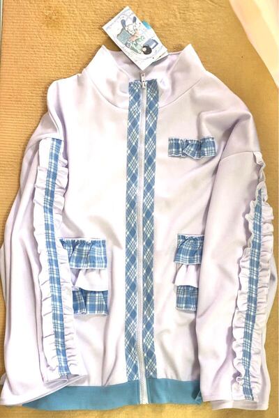 新品 ぬた。 フリル付きジャージ Mサイズ 水色×白 チェック柄 トップスのみ 天使界隈 サブカル 白色界隈 地雷系 量産型 ホワイニー系