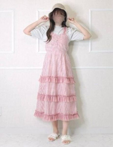 新品 maki ギンガムチェックキャミワンピース ピンク色 Mサイズ チュールキャミワンピ 後ろゴムウエスト 胸元ギャザー 大人な雰囲気