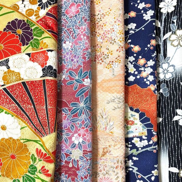 No.459大きい綺麗な着物はぎれ5枚セット 1m丈 正絹 ハギレ リメイク 生地 花柄 古布