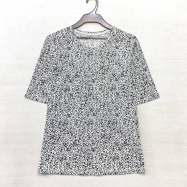 【新品】日本製 婦人 5分袖 カットソー 綿100% M-L(9号)サイズ 強撚糸 送料無料 手洗いOK 白黒 小花柄 レディース 婦人Tシャツ