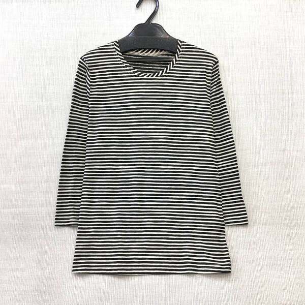 【新品】日本製 婦人 7分袖 カットソー 綿100% M-Lサイズ 強撚糸 送料無料b 手洗いOK 抜染ボーダー 薄ベージュ クロ 婦人Tシャツ