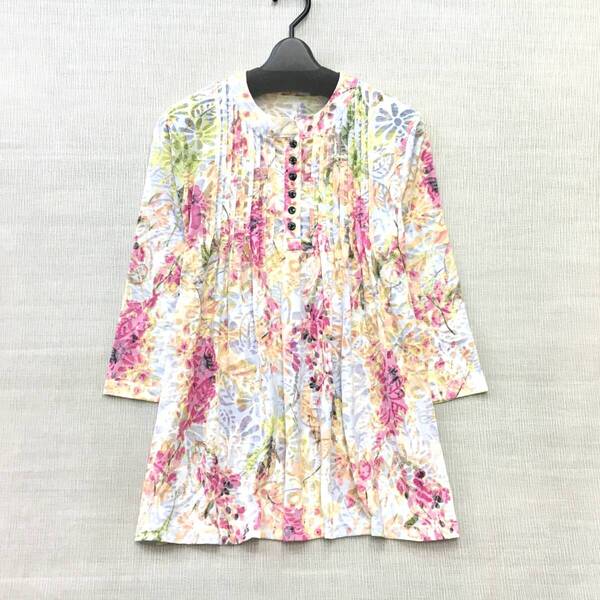 【新品】涼感素材 7分袖 綿混 丈長 ヘンリーネック カットソー M-Lサイズ Aライン 送料無料 やわらか素材 手洗いOK 婦人 レディース 夏服