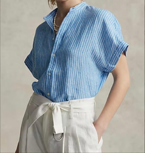 現行 POLO RALPH LAUREN ポロラルフローレン Striped Linen Short-Sleeve Shirt リネン ブルーストライプシャツ フレンチスリーブ 半袖 XXL