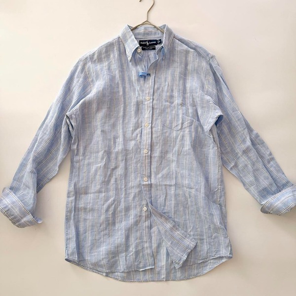 POLO RALPH LAUREN ポロラルフローレン リネン 長袖 VINTAGE BUTTONDOWN ボタンダウン BDシャツ ブルーストライプ なし ポニー無 麻100 S M