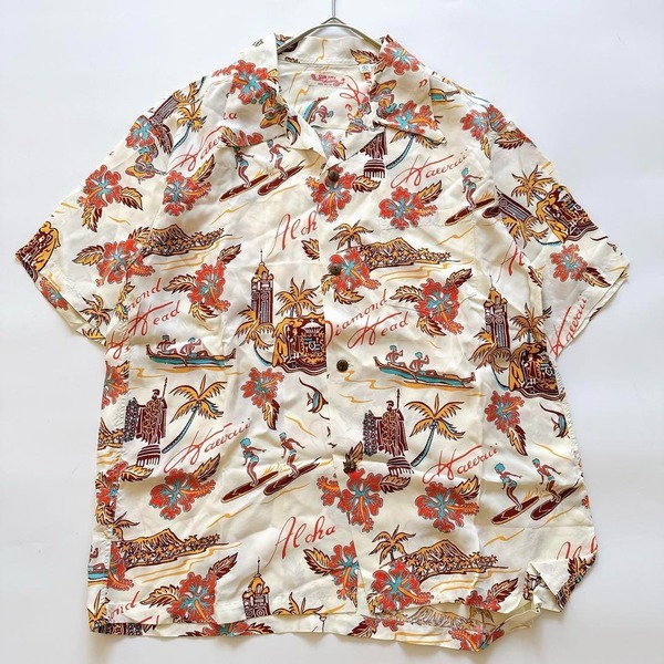 SUN SURF サンサーフ アロハシャツ 半袖 オープンカラーシャツ 総柄 レーヨン 木目ボタン 東洋エンタープライズ L SS38313 和柄 開襟シャツ