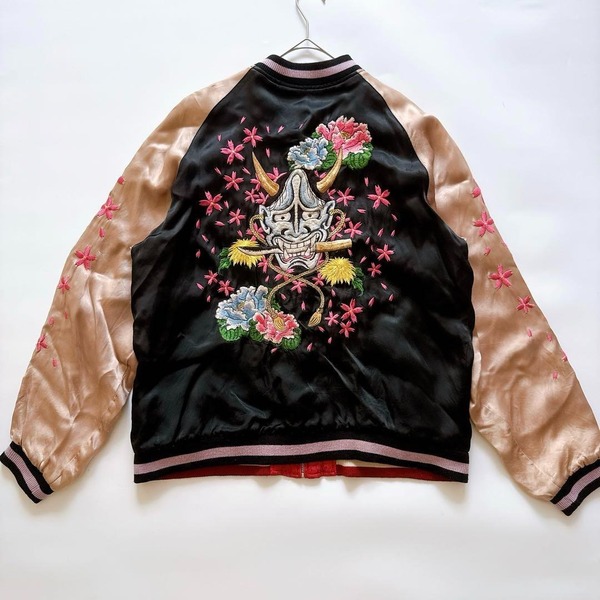 激レア 百花繚乱 サイカイ スカジャン リバーシブル 刺繍 般若 龍 桜 花柄 鬼 和柄 レーヨン ヴィンテージ レトロ 黒 赤 ベージュ XL