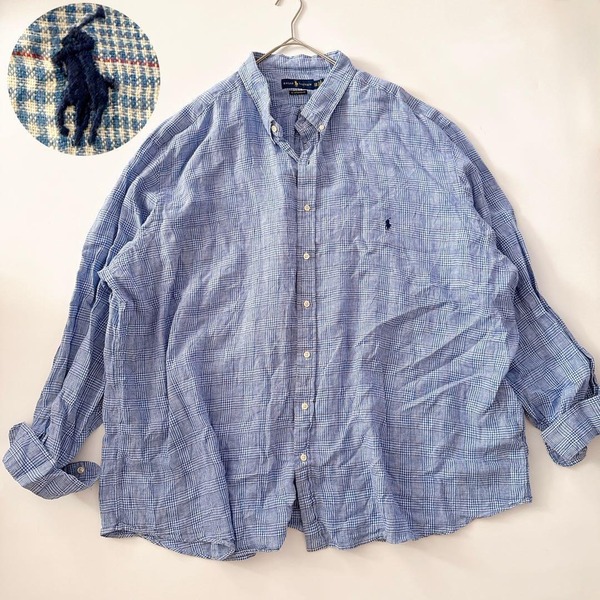 4XB POLO RALPH LAUREN ラルフローレン チェックシャツ ネイビーポニー 刺繍 ボタンダウンシャツ BDシャツ 古着 麻 リネン RL UNTUCKED FIT
